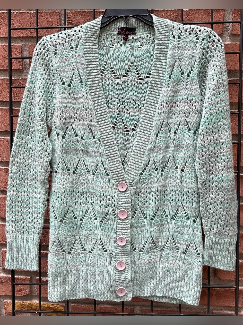 Takeout Mint Open-Knit Button Cardigan with Pink Buttons